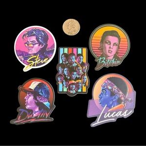 10 for $25 Neon Stranger Things Stickers 80s Elle, Steve, Lucas, Dustin